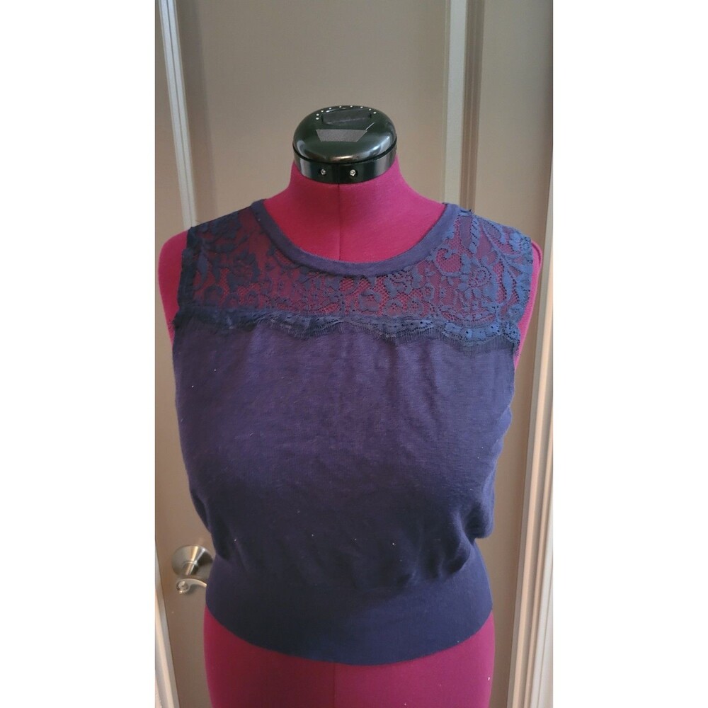 Cato Ladies Size L Solid Navy Blue Sleeveless Lace Detail Tank Blouse Shirt
